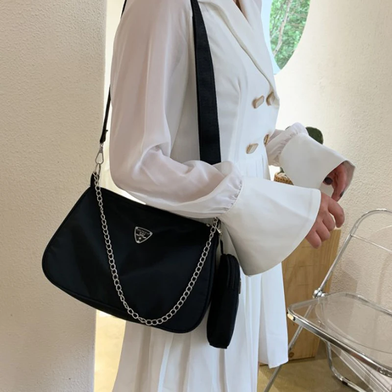2-Piece Nylon Shoulder Bag Set: Chic Solid Color Handbags with Chain Strap for Daily Use & Travel - Image 2